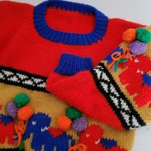 Kids Knit Sweater Circus Balloons Elephants Red Yellow Blue Unique Girl Boy